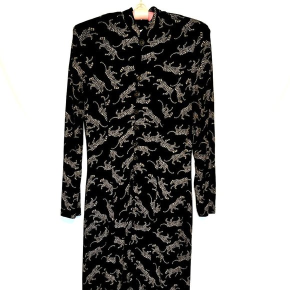 CACHE Black Animal Print Long 7-Buttons Down Long Sleeve Duster/Dress ~ Sz. 8 - Picture 1 of 11